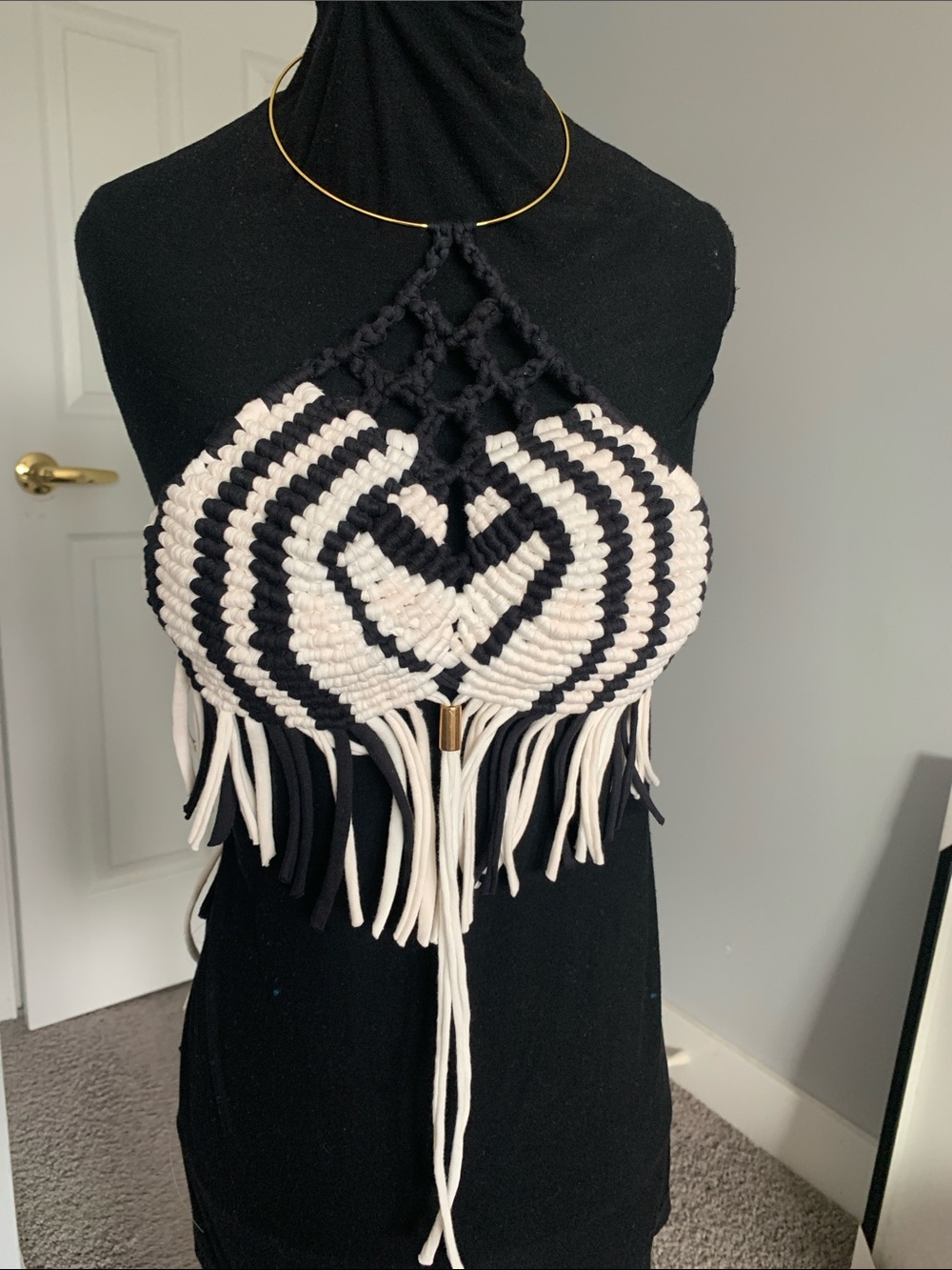 Black & White Crochet Fringe Halter Crop Top - Knit Heart Detail